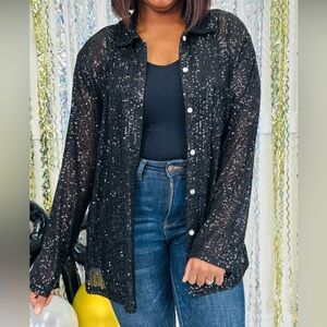 POL Black Sequin Sheer Button-Up Blouse Size Medium